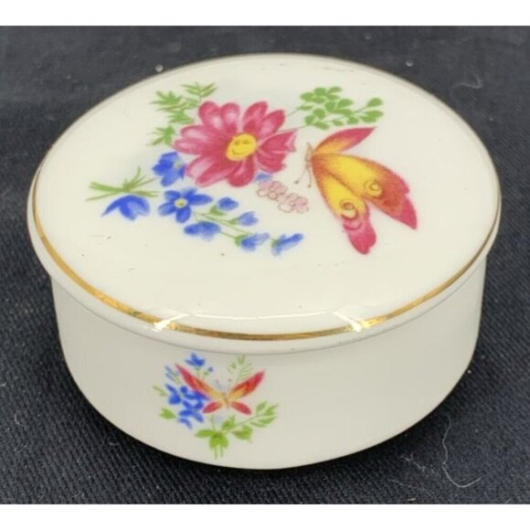 Lefton Trinket Box Bone China Flower Butterfly Flowers 2" Vintage - Picture 3 of 8